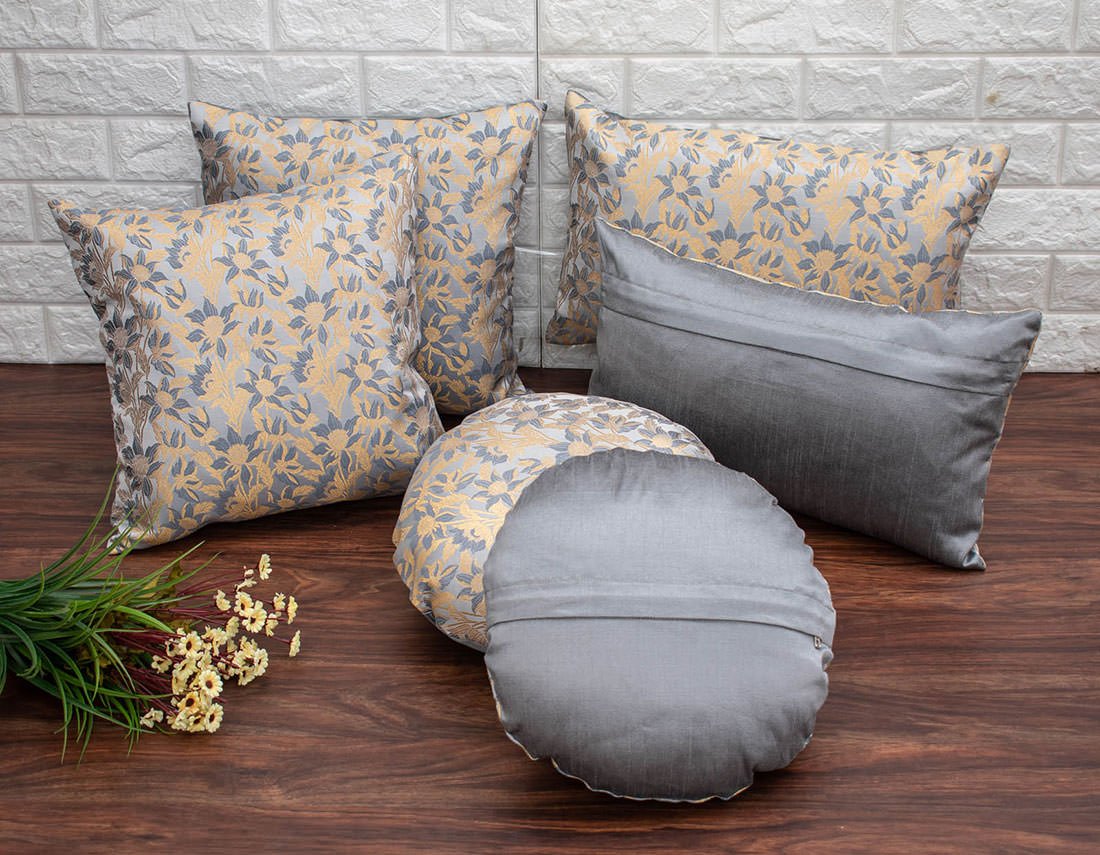 Grey Bageecha Floral Brocade Silk Rectangular Cushion Covers - Image 5