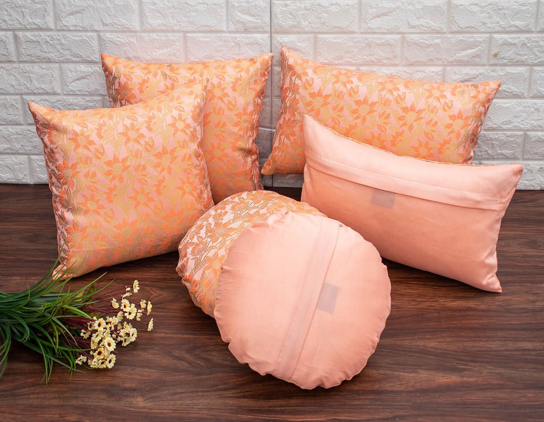Peach Bageecha Floral Brocade Silk Rectangular Cushion Covers - Image 4