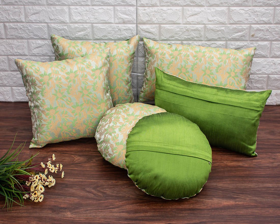 Sage Green Bageecha Floral Brocade Silk Rectangular Cushion Covers - Image 4