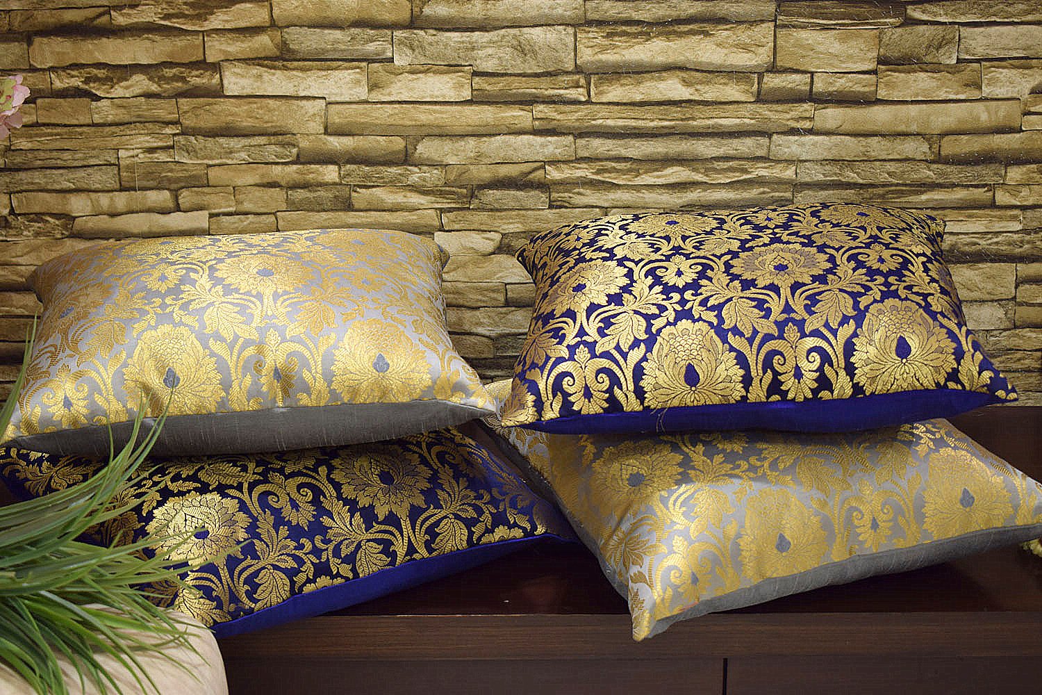 MUGHAL BANARASI Brocade Cushion Covers Combo (Blue & Grey) - Image 5