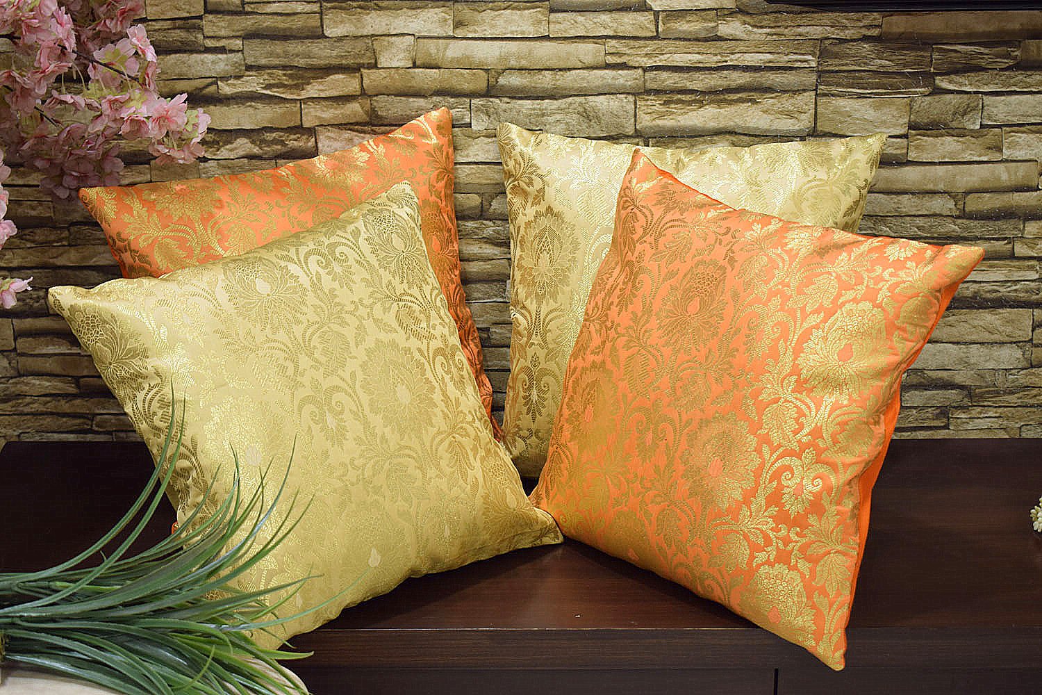 MUGHAL BANARASI Brocade Cushion Covers Combo (Marigold & Orange) - Image 5