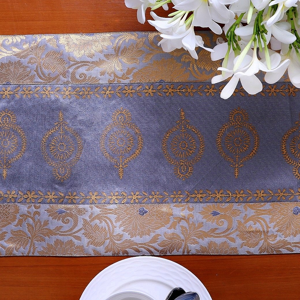 Mughal Banarasi Gardish Block Printed Table Runner - Grey - Image 4
