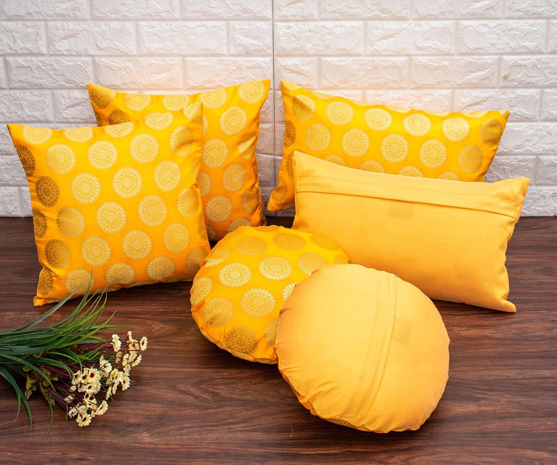 Mandala Brocade Silk Round Cushion Covers (Yellow & Golden) - Image 4