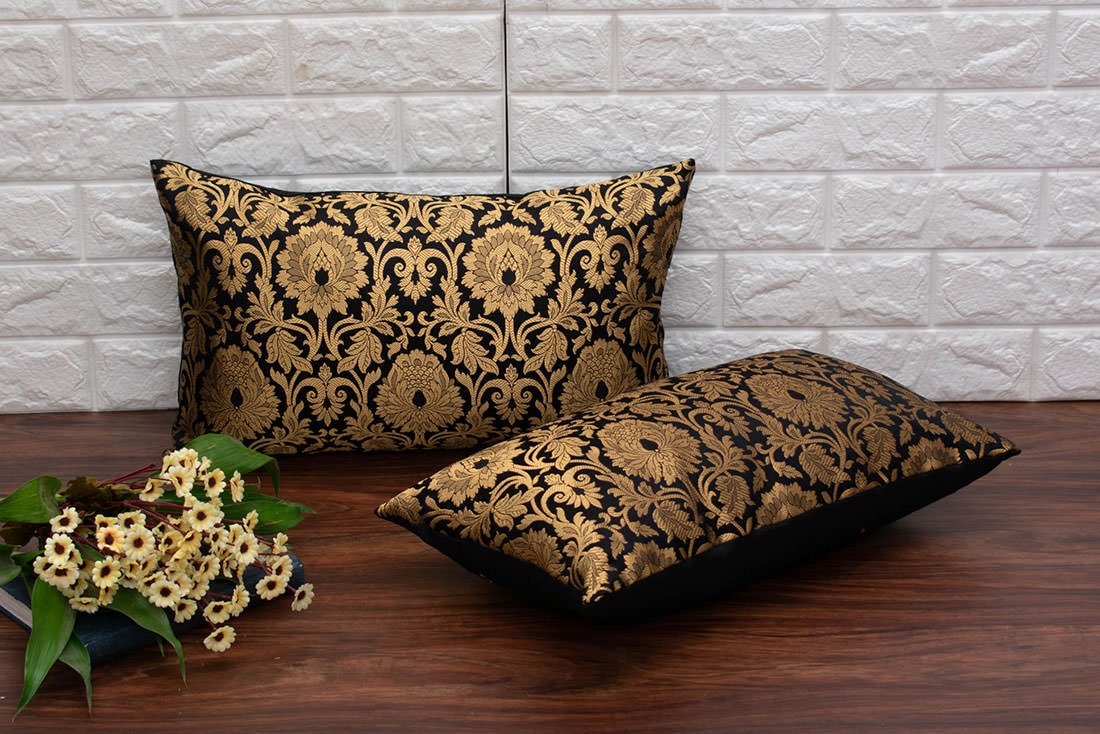 MUGHAL BANARASI Brocade Long Rectangular Cushion Covers (Black & Golden) - Image 4