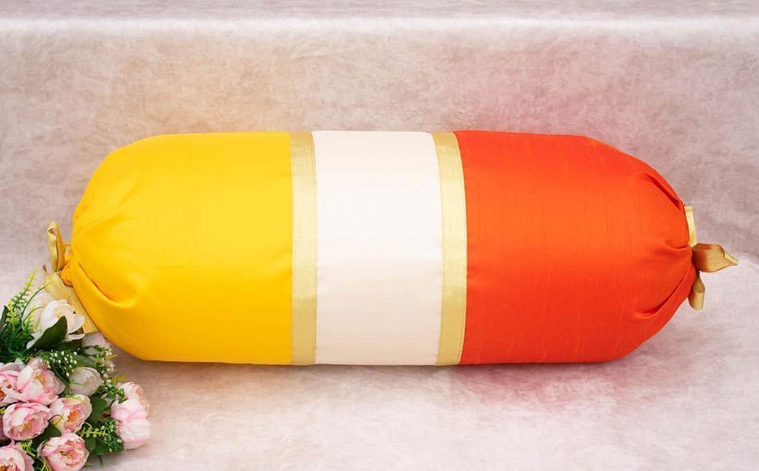 TRI Color Golden Zari Decorative Bolster Covers (Yellow, Ivory, Orange) - Image 5