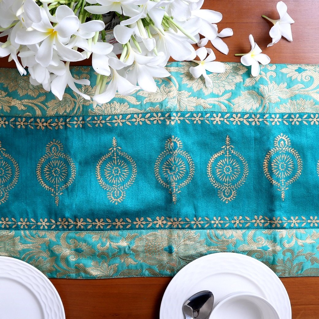 Mughal Banarasi Gardish Block Printed Table Runner - Green - Image 4