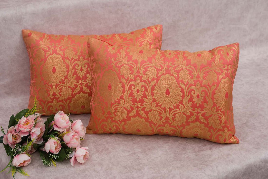 MUGHAL BANARASI Brocade Long Rectangular Cushion Covers (Living Coral & Golden) - Image 5