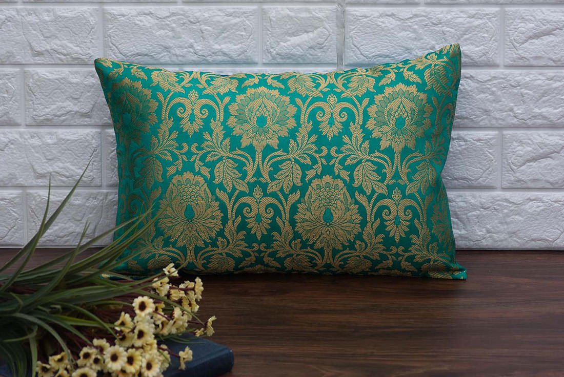 MUGHAL BANARASI Brocade Long Rectangular Cushion Covers (Green & Golden) - Image 5