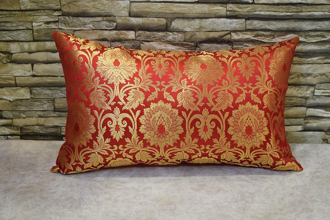 MUGHAL BANARASI Brocade Long Rectangular Cushion Covers (Red & Golden) - Image 5