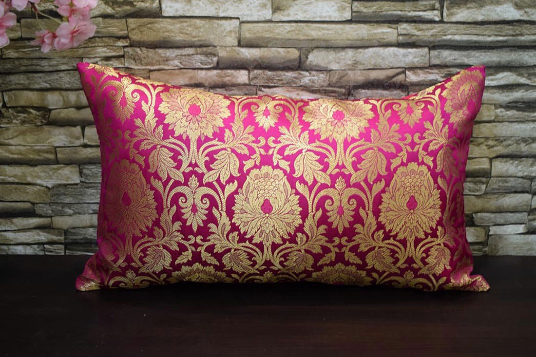 MUGHAL BANARASI Brocade Long Rectangular Cushion Covers (Bougainvillea Pink & Golden) - Image 5
