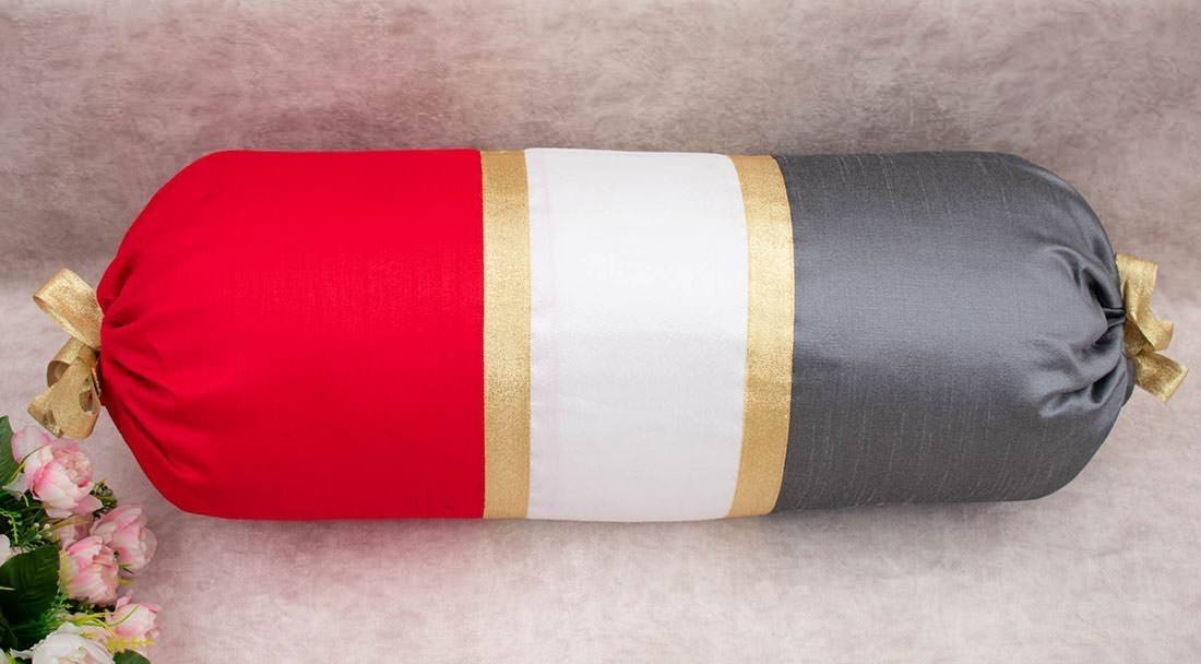 TRI Color Golden Zari Decorative Bolster Covers (Red, White, Grey ) - Image 5