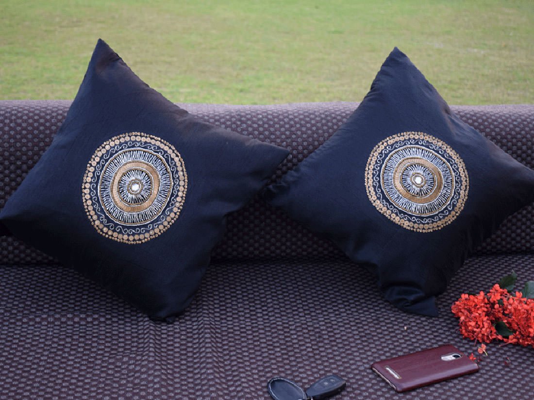 Hand Embroidered Circlet Designer Black Ethnic Cushion Covers - Image 5