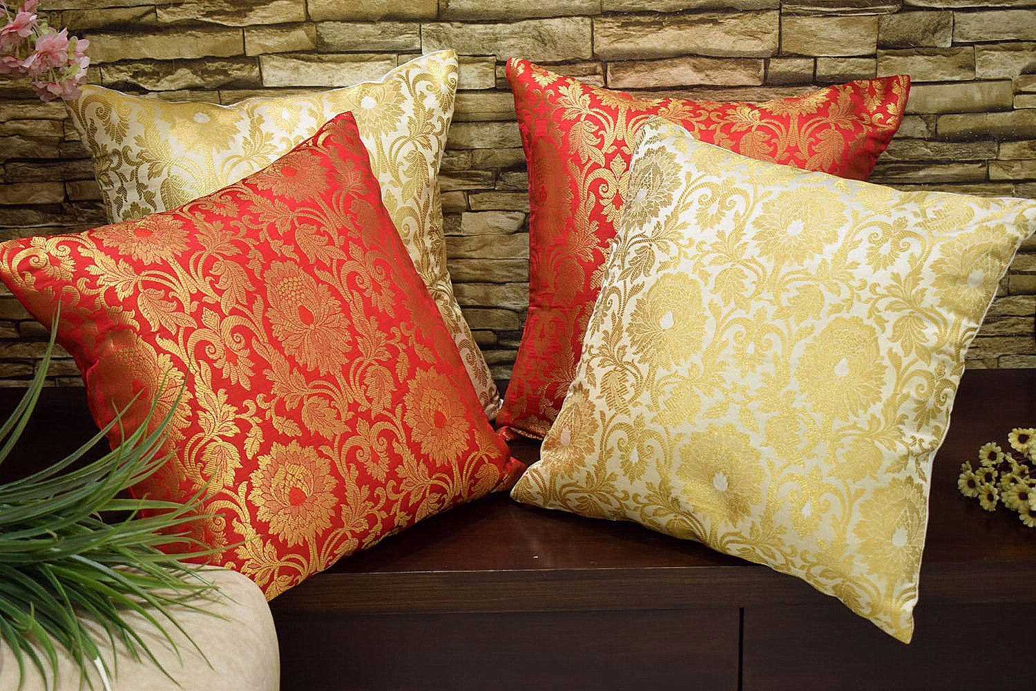 MUGHAL BANARASI Brocade Cushion Covers Combo (Red & White) - Image 5