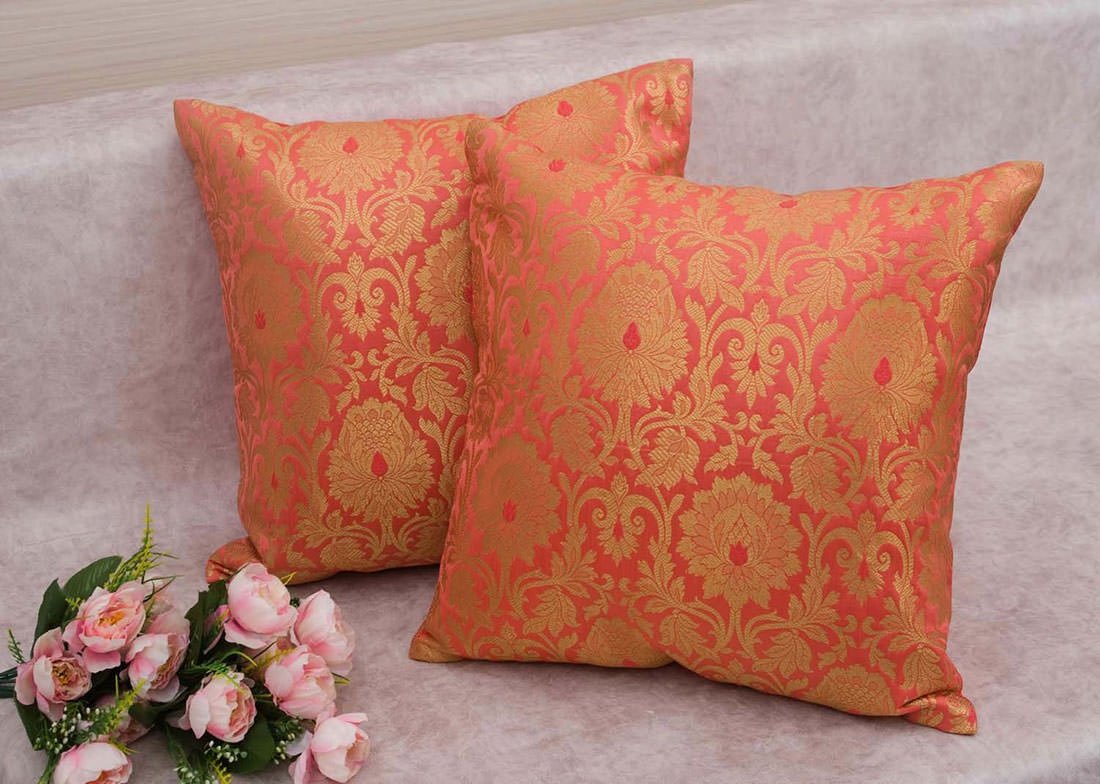MUGHAL BANARASI Brocade Cushion Covers (Living Coral & Golden) - Image 3