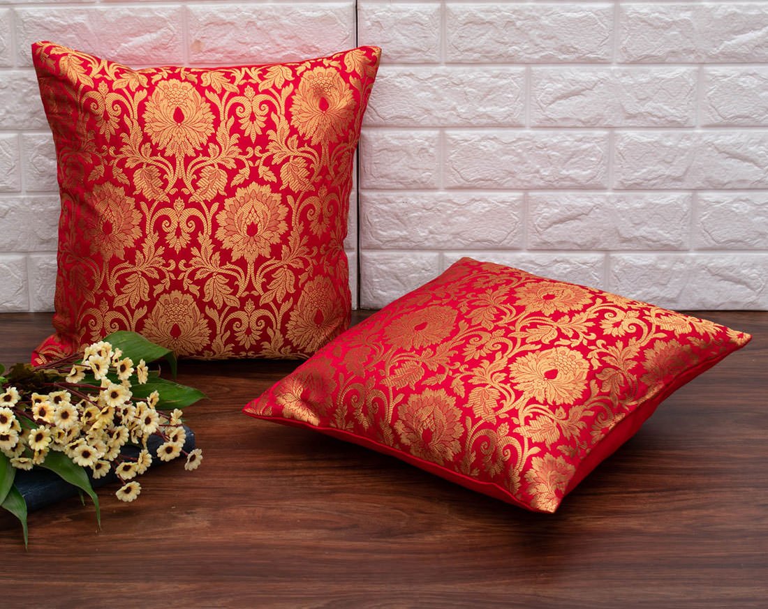 MUGHAL BANARASI Brocade Cushion Covers (Red & Golden) - Image 4