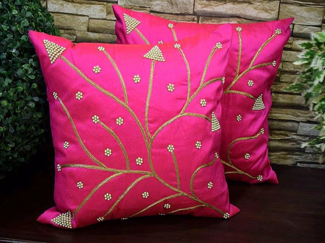 Ferns & Petals All Over Hand Embroidered Magenta Cushion Covers - Image 4