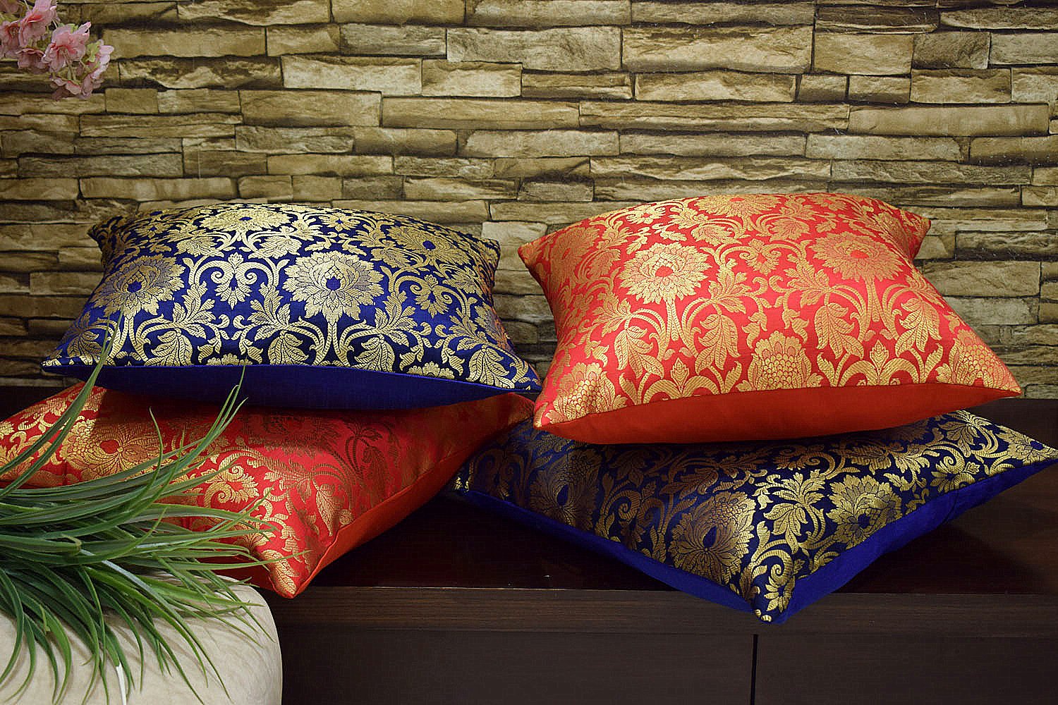 MUGHAL BANARASI Brocade Covers Combo (Blue & Red) - Image 6