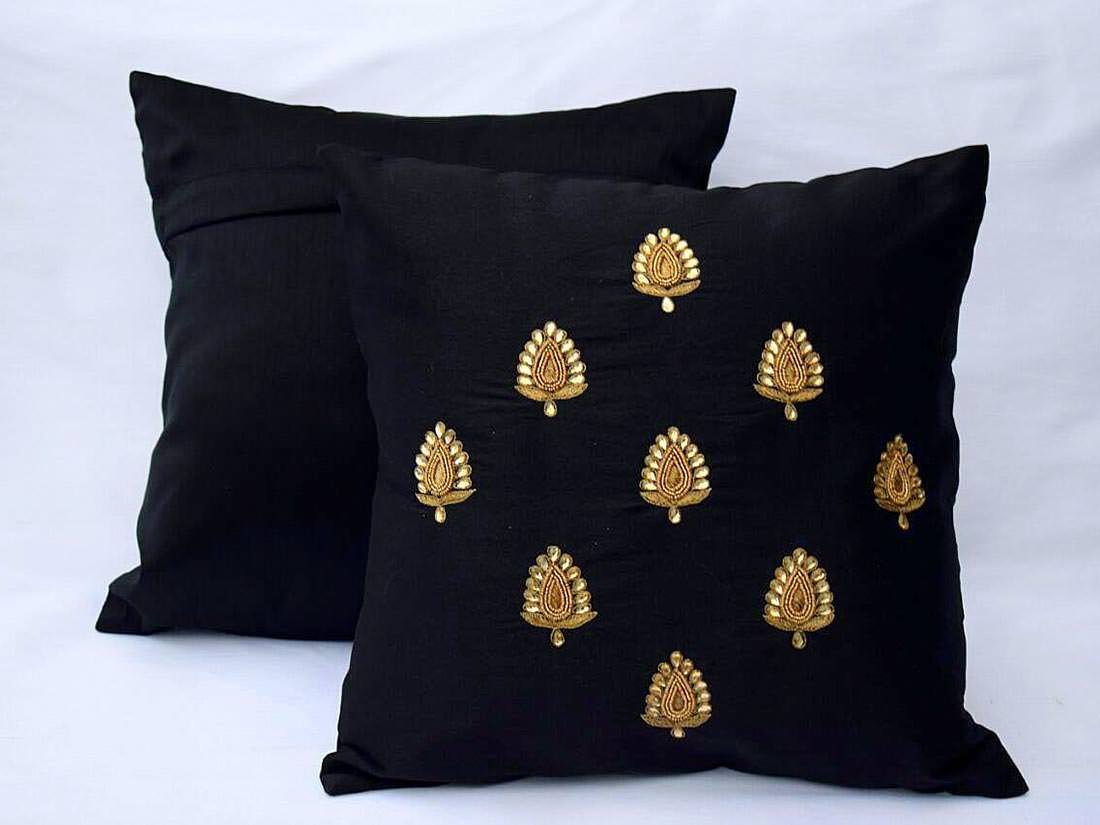 Swarn Paan Patti Beads, Kundan & Zari Hand Embroidery Black Cushion Covers - Image 6