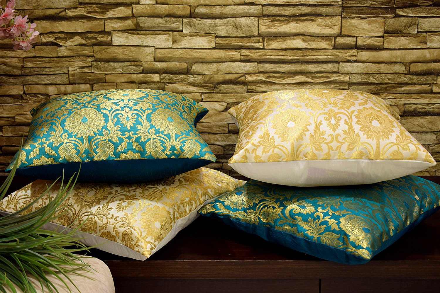 MUGHAL BANARASI Brocade Cushion Covers Combo (Green & White) - Image 6