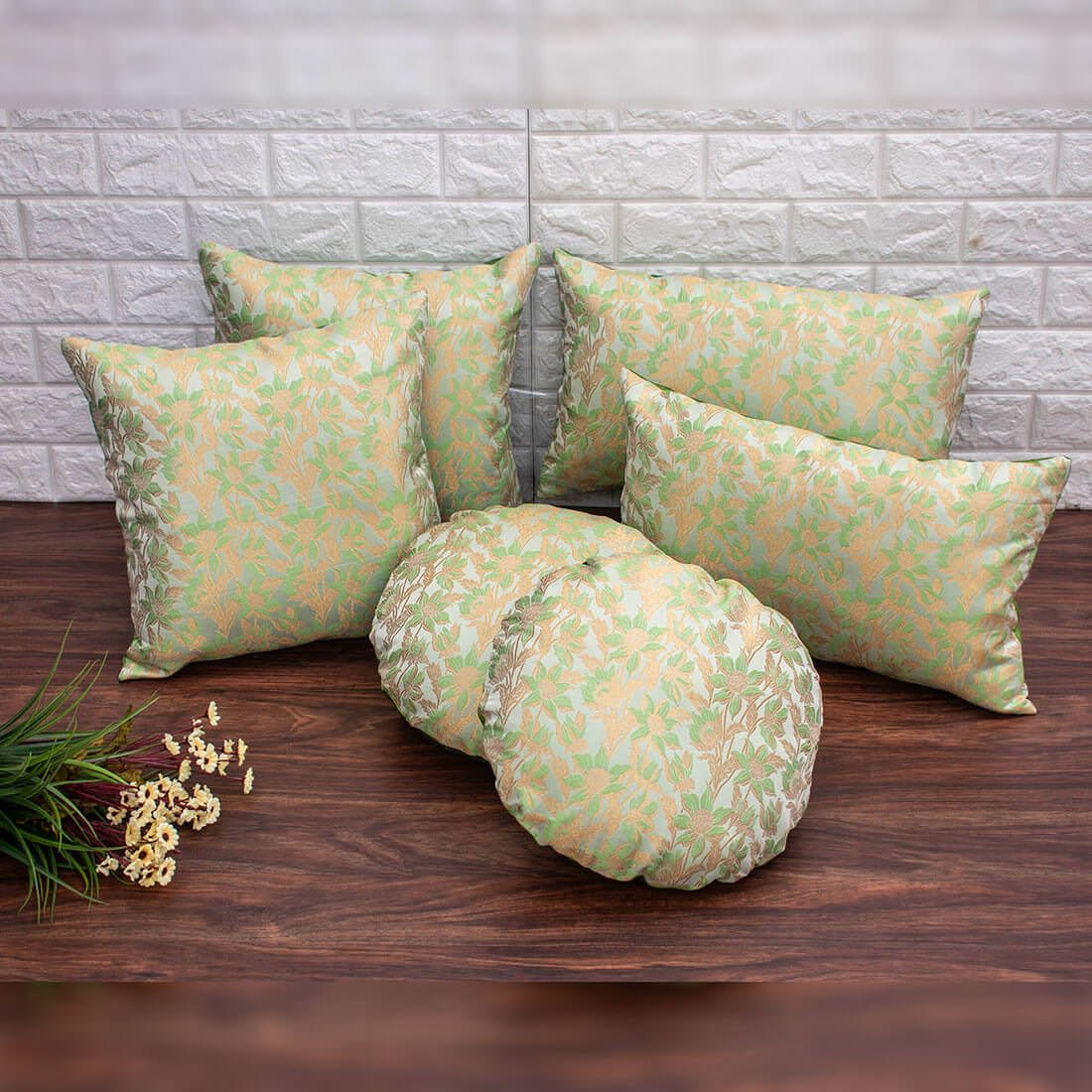 Sage Green Bageecha Floral Brocade Silk Round Cushion Covers - Image 5