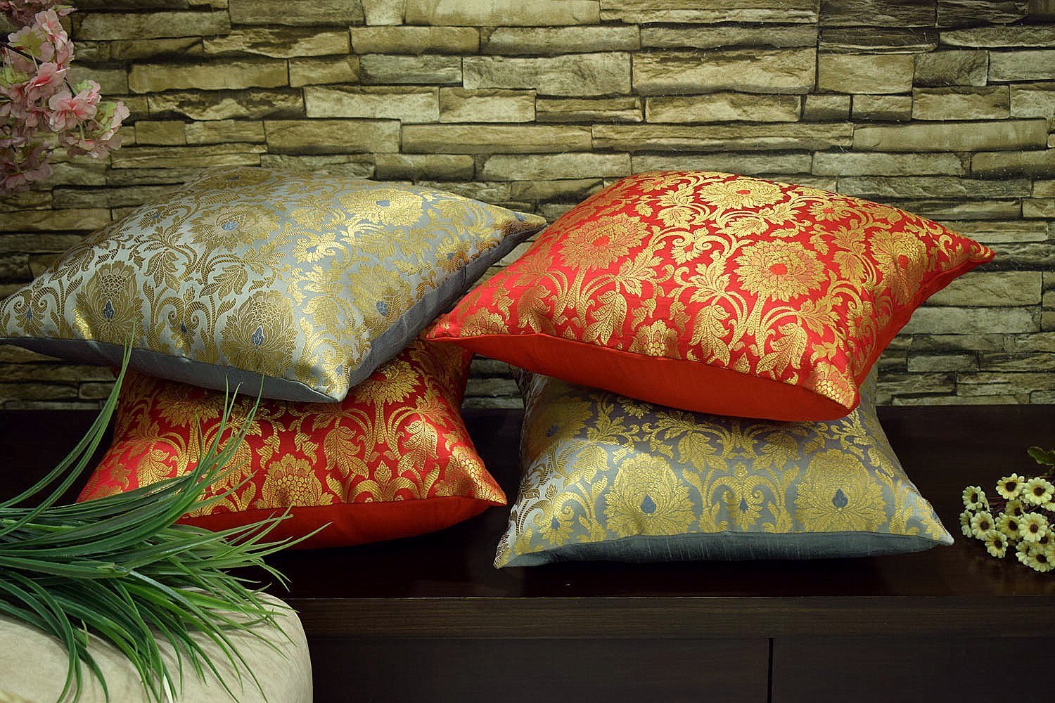 MUGHAL BANARASI Brocade Cushion Covers Combo (Grey & Red) - Image 6