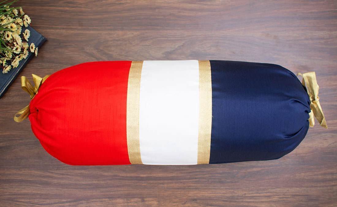 TRI Color Golden Zari Decorative Bolster Covers (Navy, White, Red) - Image 4