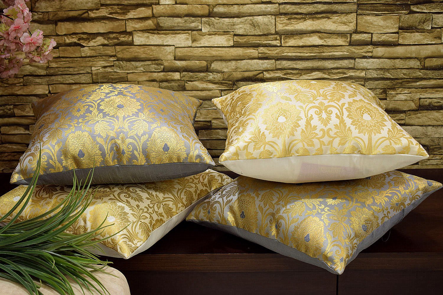 MUGHAL BANARASI Brocade Cushion Covers Combo (Grey & White) - Image 6