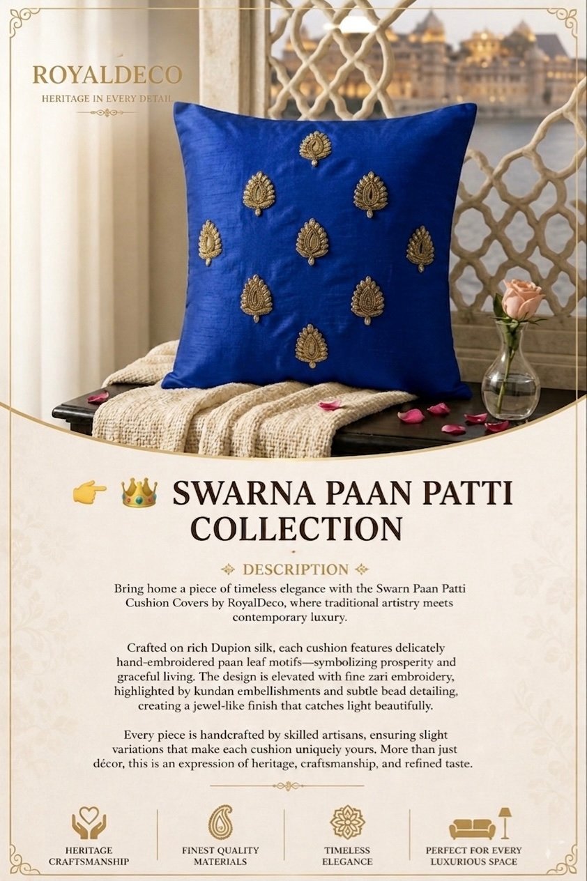Swarn Paan Patti Beads, Kundan & Zari Hand Embroidery Blue Cushion Covers - Image 5
