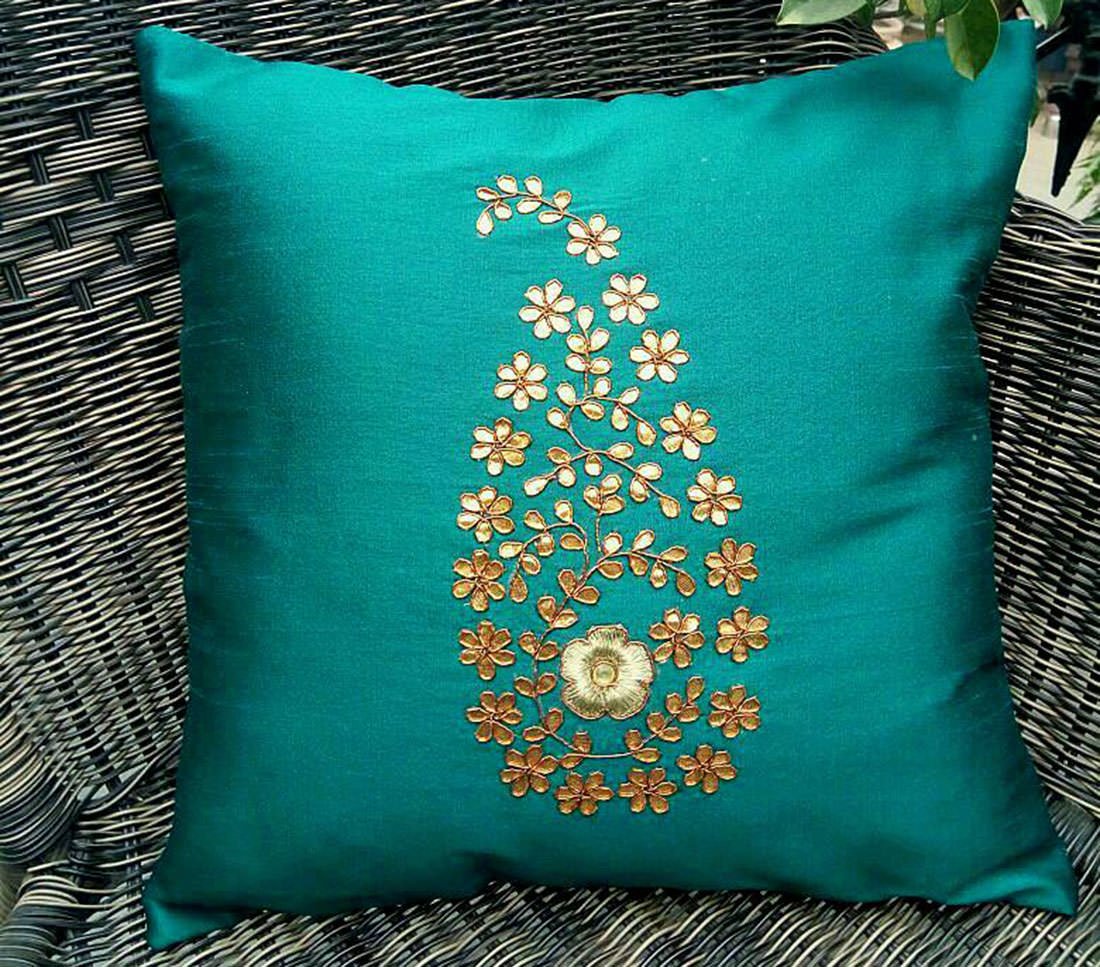 5 Piece Pure Brocade Turquoise Green & Golden Classic MUGHAL BANARASI Design Diwan Set Combo - Image 6