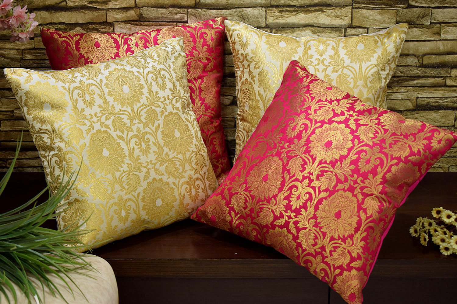 MUGHAL BANARASI Brocade Cushion Covers Combo (Bougainvillea Pink & White) - Image 4