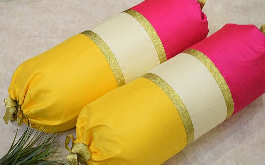 TRI Color Golden Zari Decorative Bolster Covers (Yellow, Ivory, Magenta) - Image 6