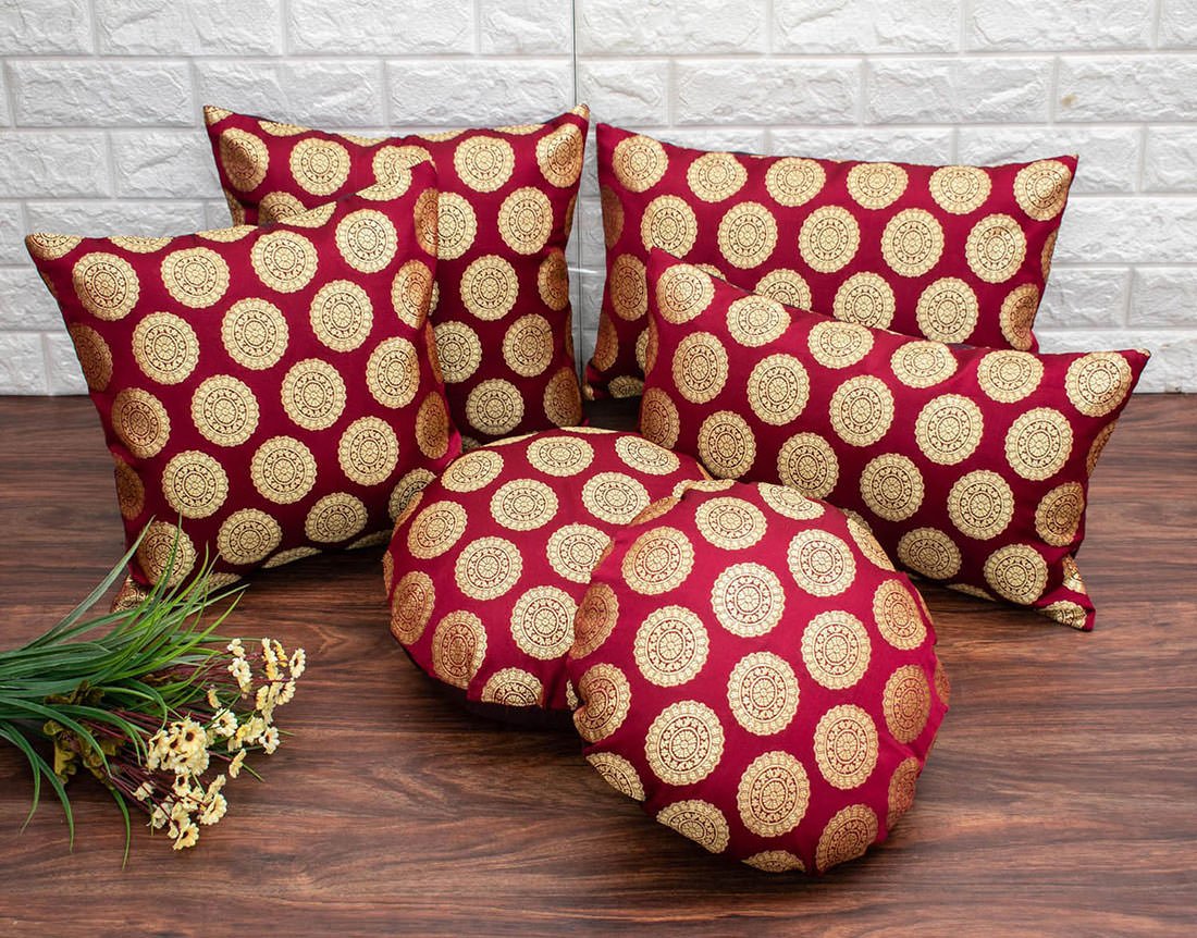 Mandala Brocade Silk Rectangular Cushion Covers (Maroon & Golden) - Image 5
