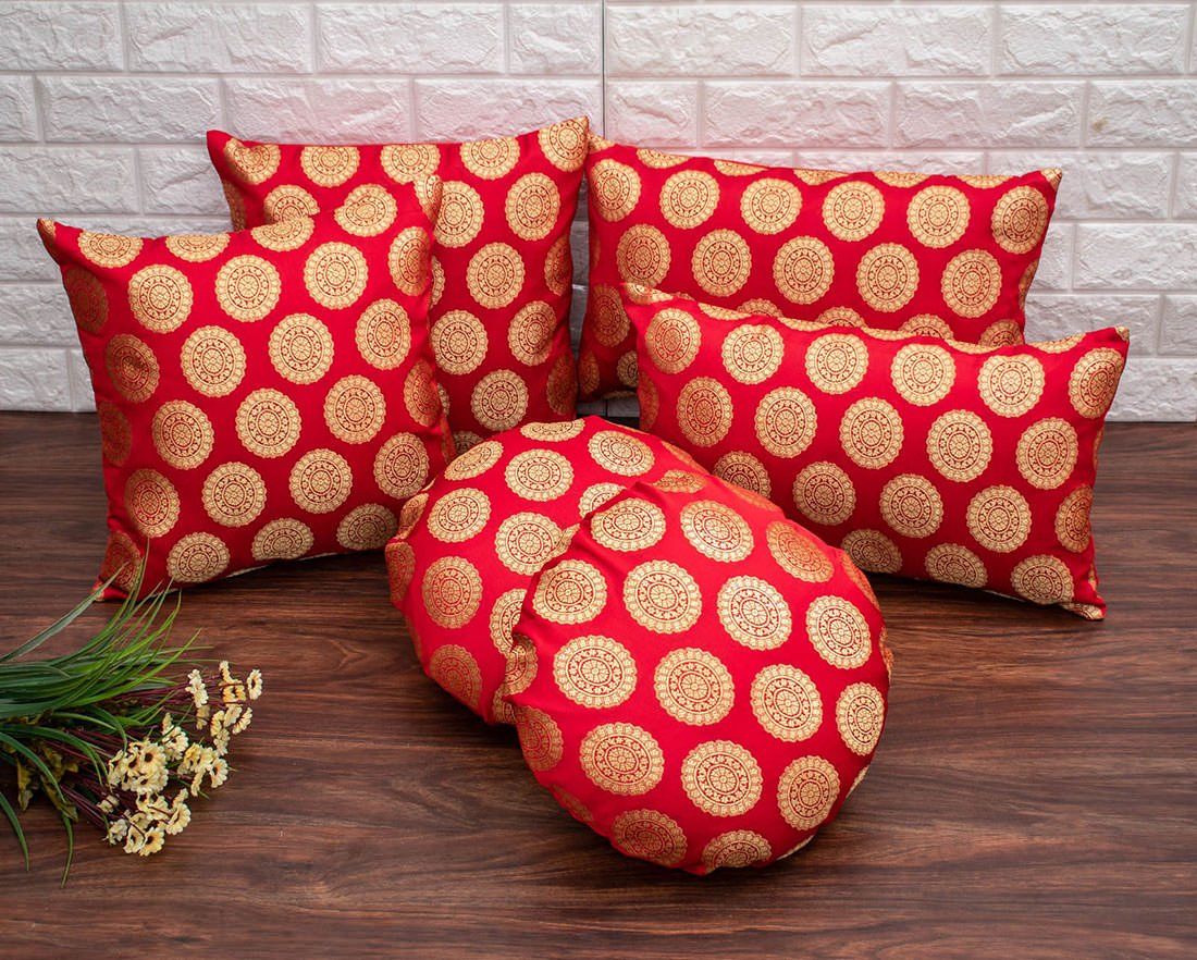 Mandala Brocade Silk Rectangular Cushion Covers (Red & Golden) - Image 5