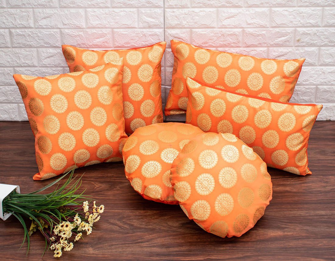 Mandala Brocade Silk Rectangular Cushion Covers (Orange & Golden) - Image 5