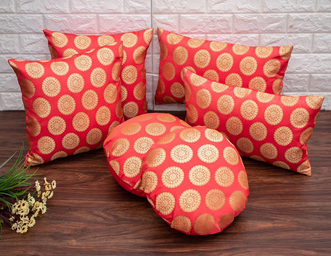 Mandala Brocade Silk Rectangular Cushion Covers (Peach & Golden) - Image 5