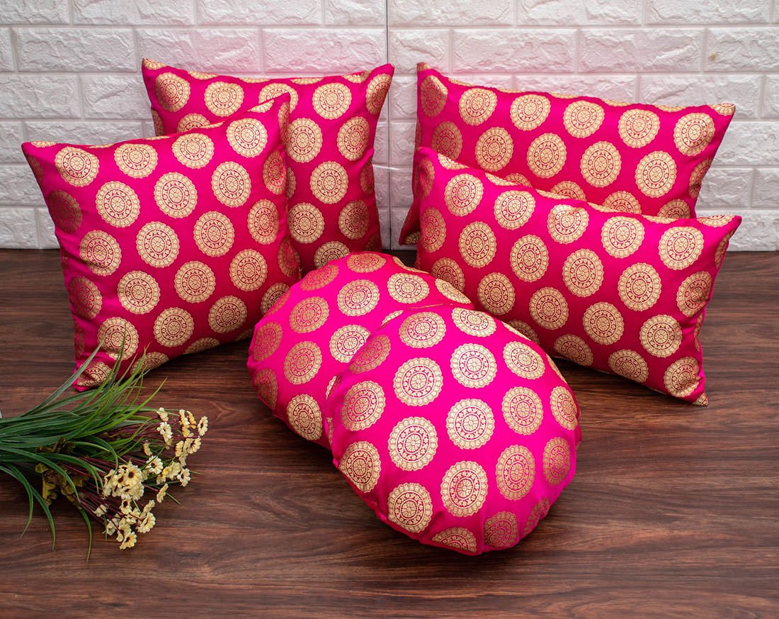 Mandala Brocade Silk Rectangular Cushion Covers (Magenta & Golden) - Image 5