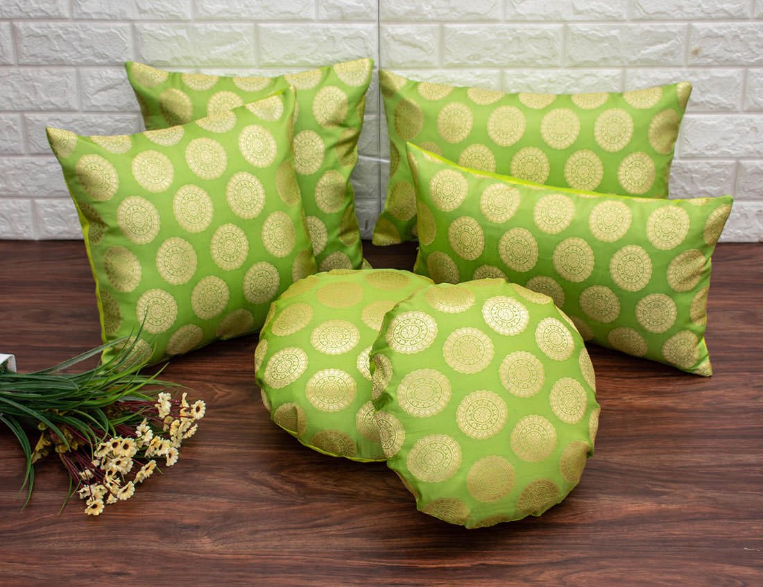 Mandala Brocade Silk Cushion Covers (Green & Golden) - Image 5