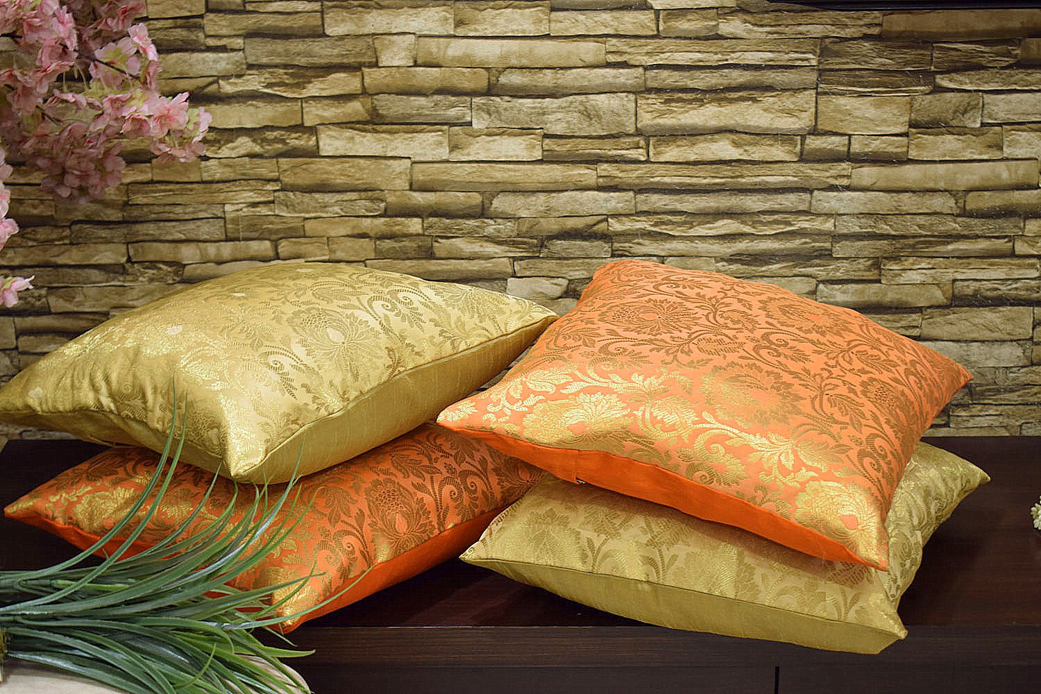 MUGHAL BANARASI Brocade Cushion Covers Combo (Marigold & Orange) - Image 6