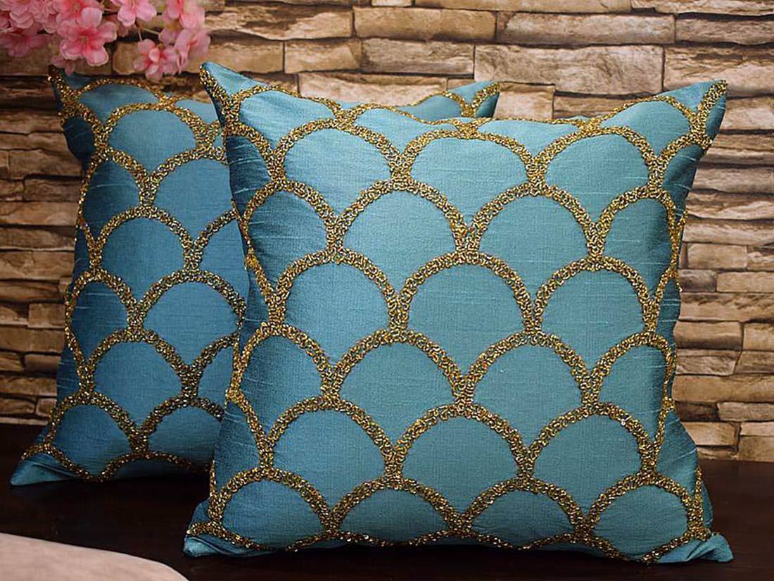 Criss Cross Hand Embroidered Moroccan Gold Embellished Mint Green Cushion Covers - Image 6