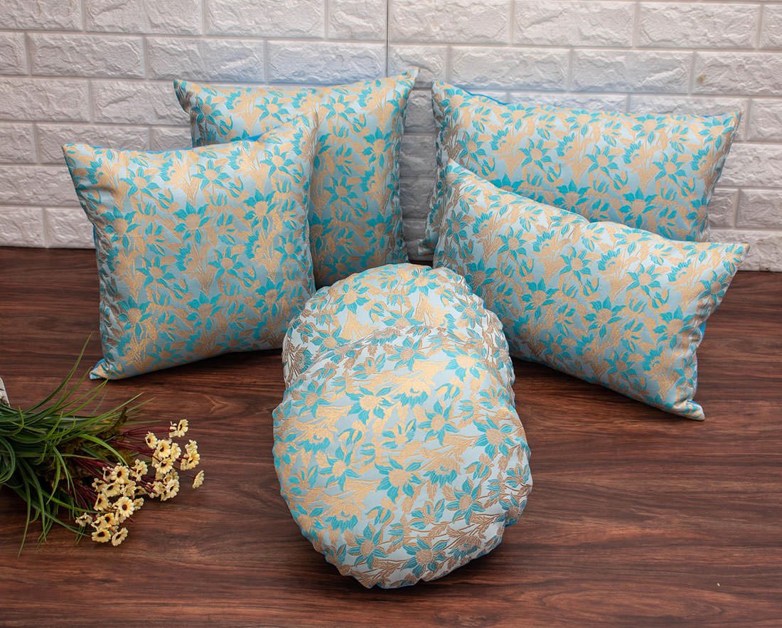 Sky Blue Bageecha Floral Brocade Silk Cushion Covers - Image 5