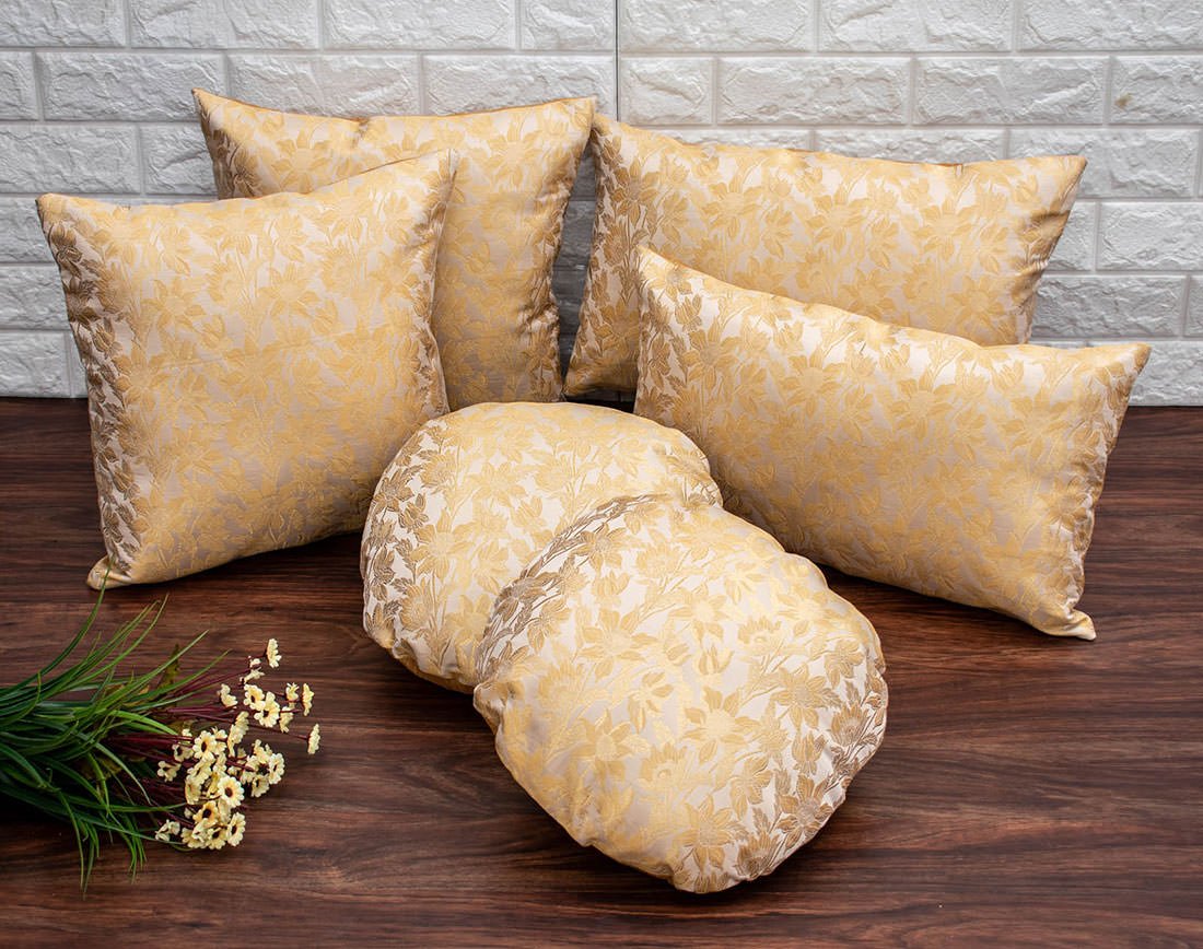 Beige Bageecha Floral Brocade Silk Cushion Covers - Image 5