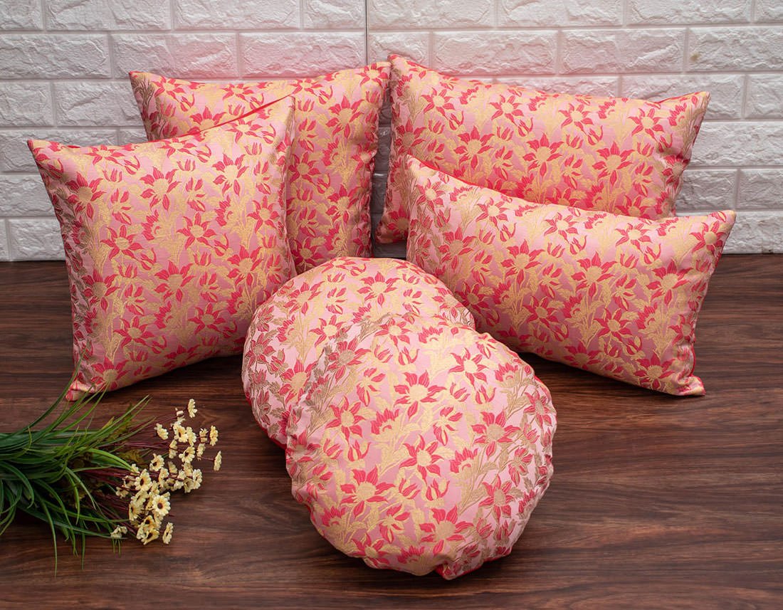 Coral Bageecha Floral Brocade Silk Cushion Covers - Image 5