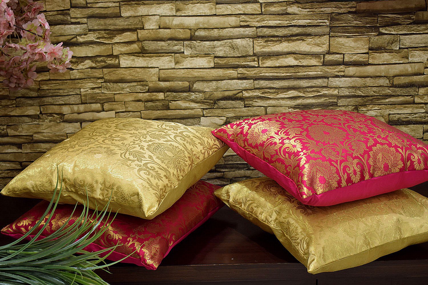 MUGHAL BANARASI Brocade Cushion Covers Combo (Marigold & Bougainvillea Pink) - Image 6