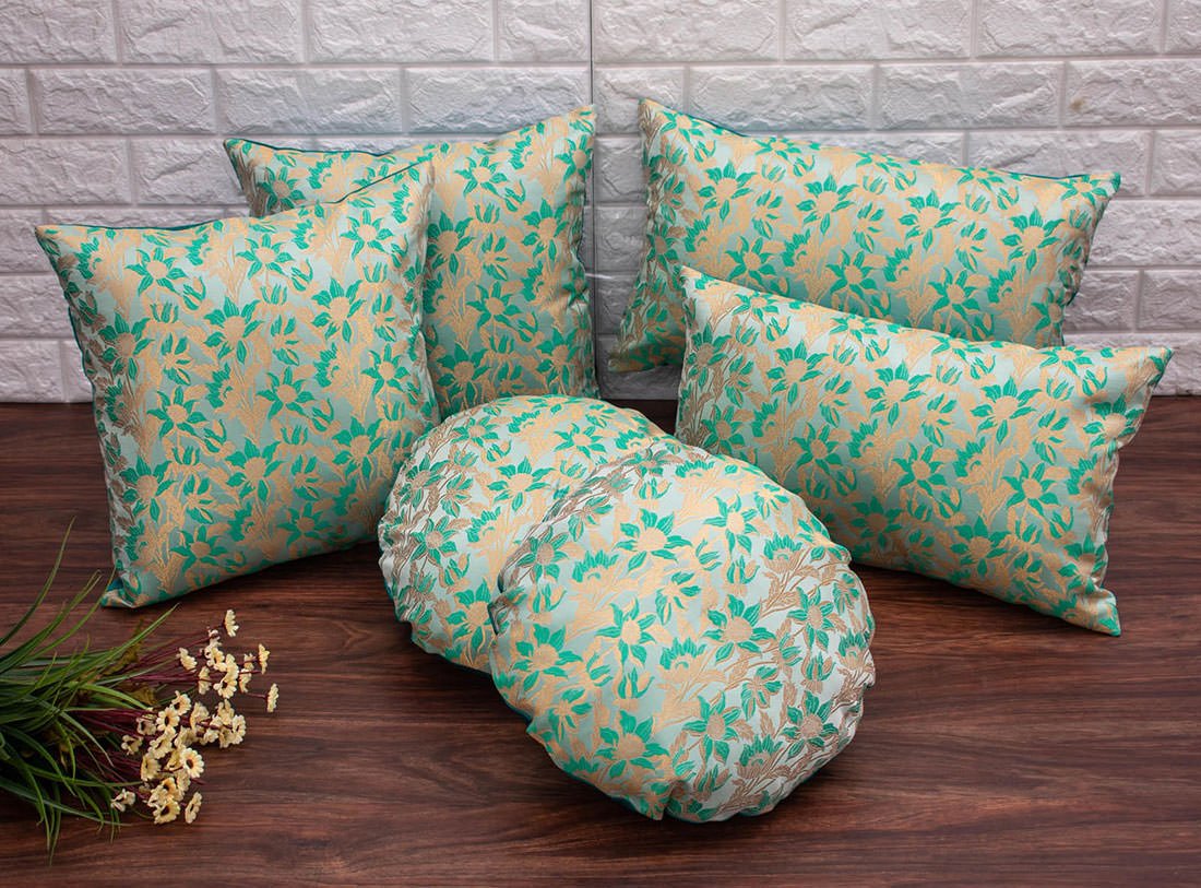 Sea Green Bageecha Floral Brocade Silk Rectangular Cushion Covers - Image 5
