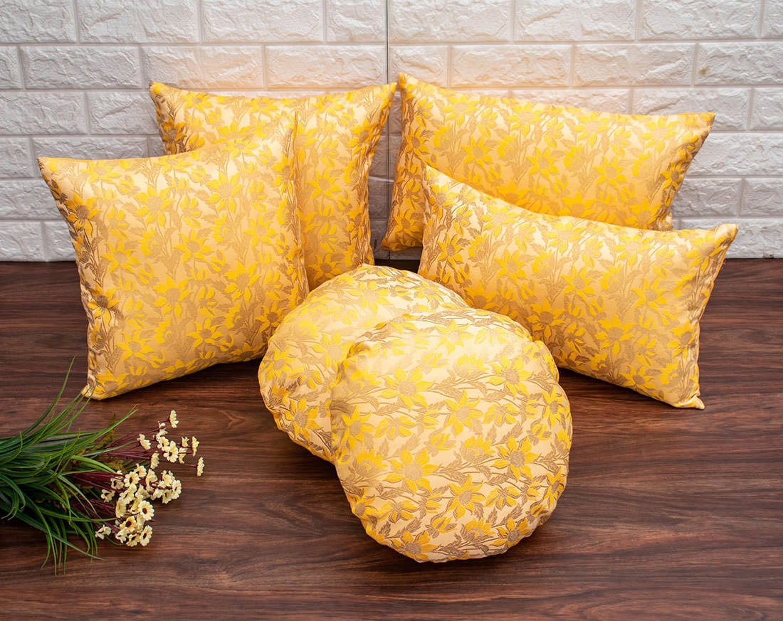 Yellow Bageecha Floral Brocade Silk Rectangular Cushion Covers - Image 5