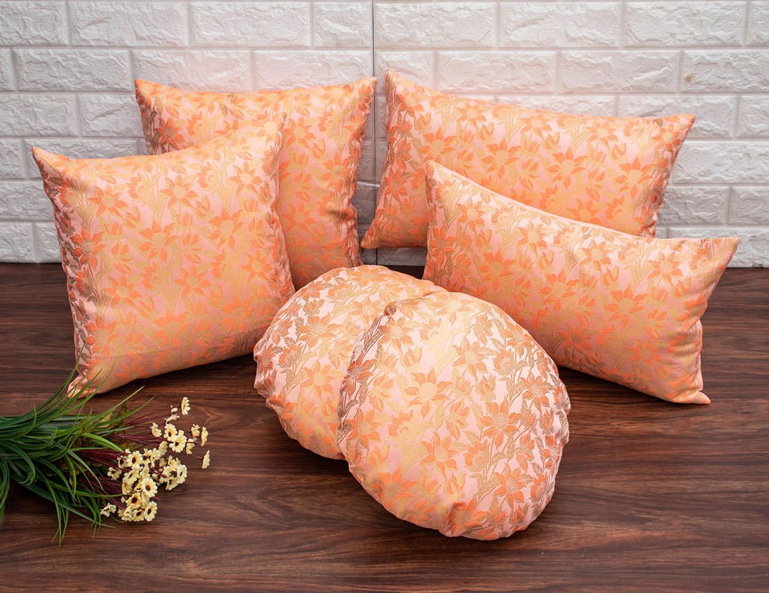 Peach Bageecha Floral Brocade Silk Round Cushion Covers - Image 5