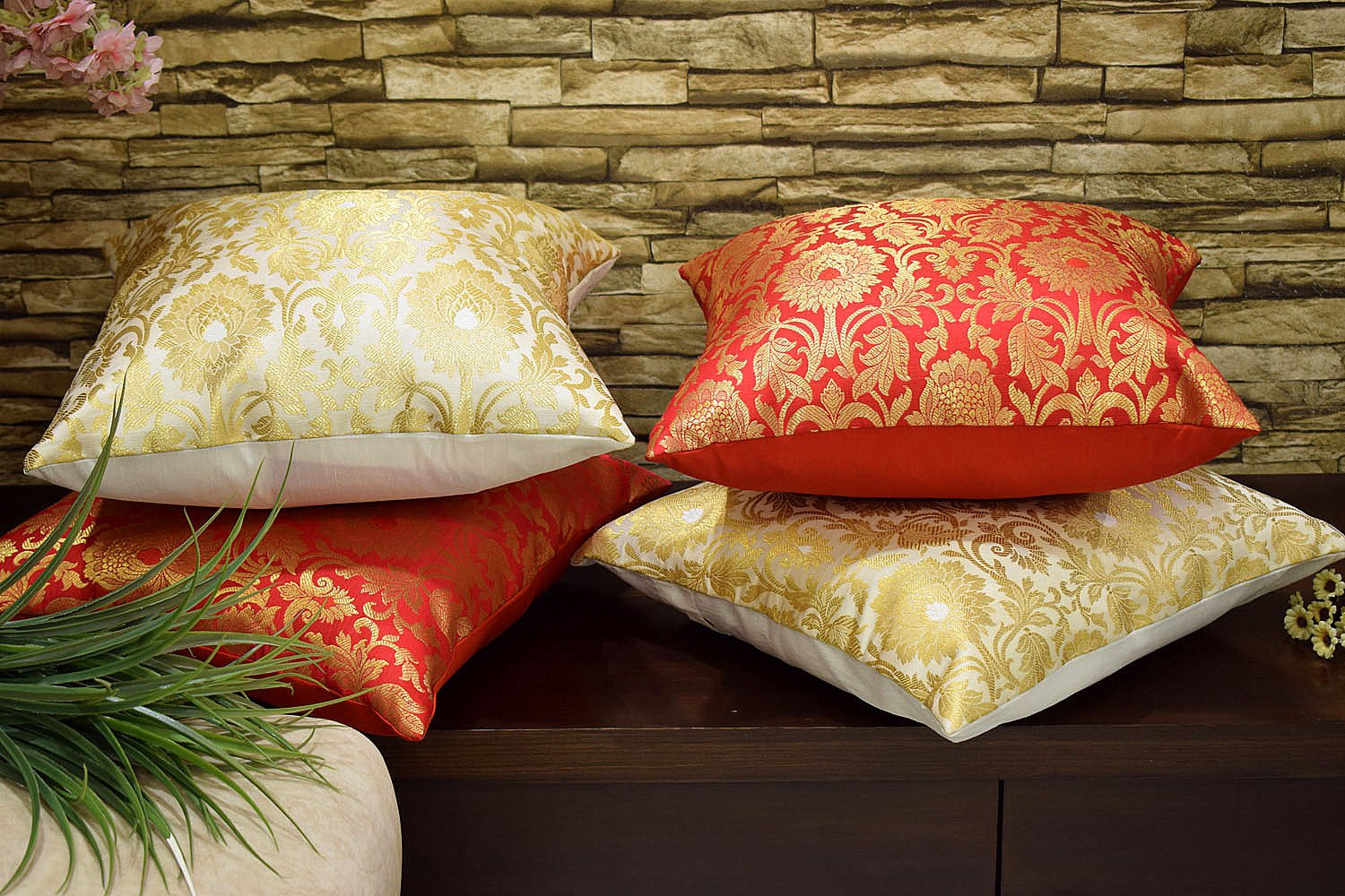 MUGHAL BANARASI Brocade Cushion Covers Combo (Red & White) - Image 6
