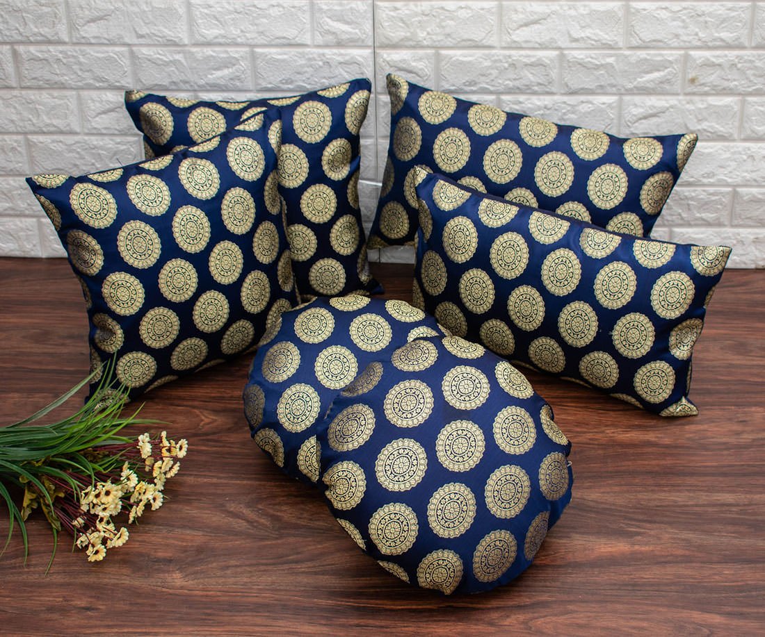 Mandala Brocade Silk Round Cushion Covers (Navy Blue & Golden) - Image 5
