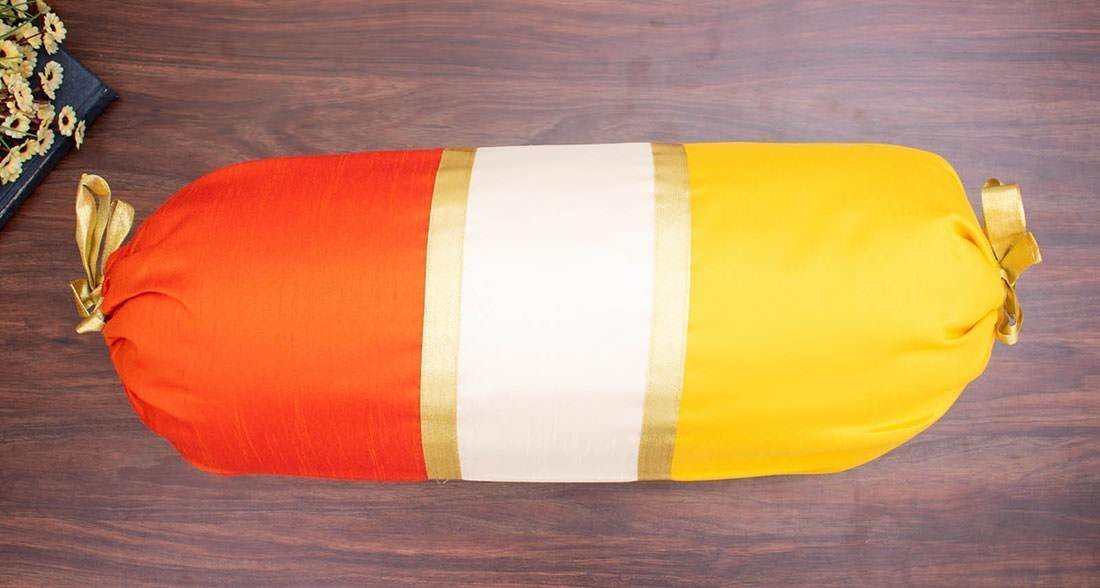 TRI Color Golden Zari Decorative Bolster Covers (Yellow, Ivory, Orange) - Image 6