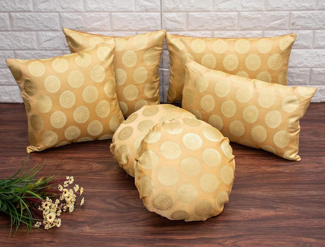 Mandala Brocade Silk Round Cushion Covers (Beige & Golden) - Image 5